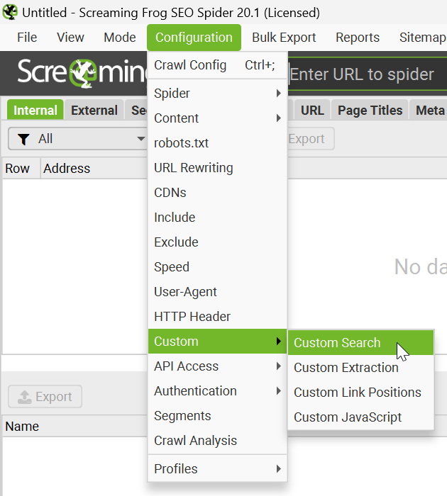 Ścieżka menu do opcji Custom Search w narzędziu Screaming Frog SEO Spider